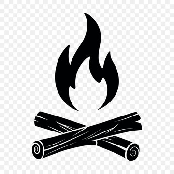 Campfire Icon with Flame and Crossed Logs, Vector Illustration. Black Bonfire and Firewood Silhouette Isolated. Camping, Hiking, Outdoor Adventure and Campsite Vector Illustration