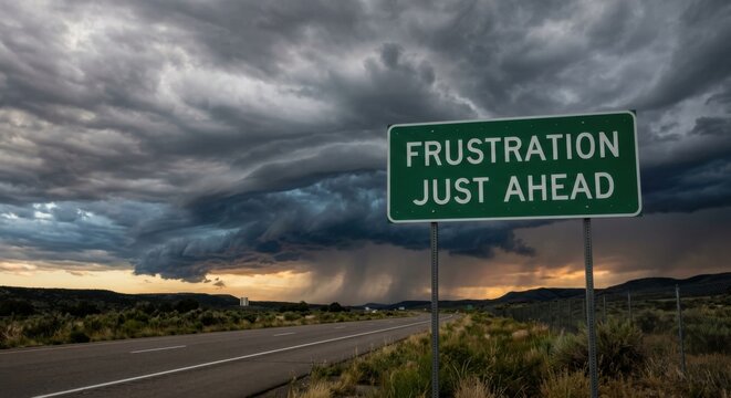 Frustration Ahead Road Sign Amidst Stormy Skies Dramatic Weather Despair Concept