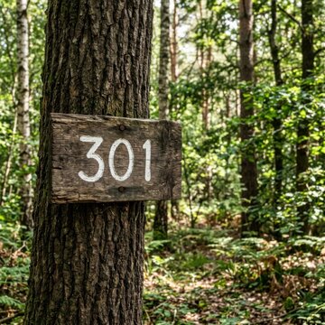 Forest Number Sign 301 Attached to Tree Trunk with Green Foliage Background Outdoor Nature Scene