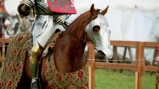 Brown horse wears shiny metal headpiece. Floral patterned caparison covers strong animal carrying heavily armored medieval knight near wooden tournament fence.