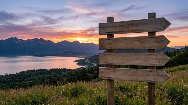 Empty wooden signpost with arrows pointing in different directions at sunset overlooking a scenic landscape with mountains and water