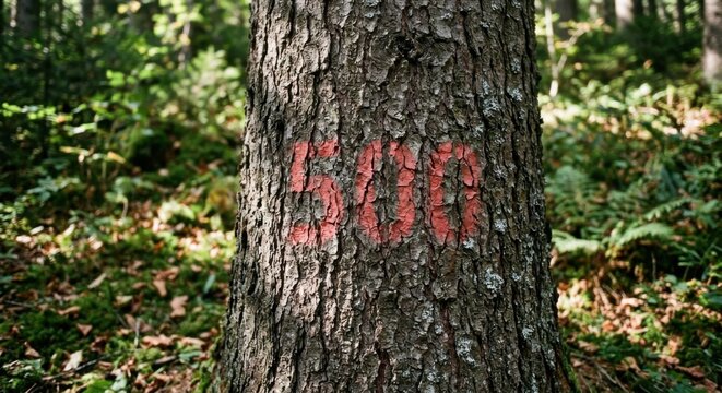 Forest Tree Trunk Marked with Red Numbers 308 Nature Identification Woodland Survey