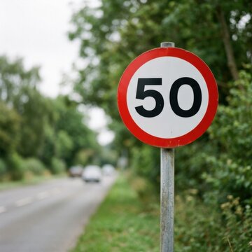 Fifty Speed Limit Sign on a Roadside with Trees and Passing Cars
