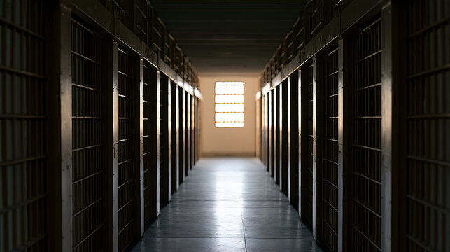 A dimly lit narrow prison hallway with rows of metal bars on cell doors leading toward a bright window at the end in a dark penitentiary