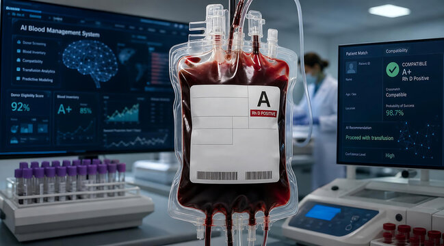 A single bag of human blood used in a modern transfusion center demonstrates the link between artificial intelligence, blood transfusion, medical data, and healthcare technology.