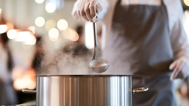 Professional chef hold ladle above large metal pot with hot soup steam in commercial restaurant kitchen setting ready to serve meal fresh