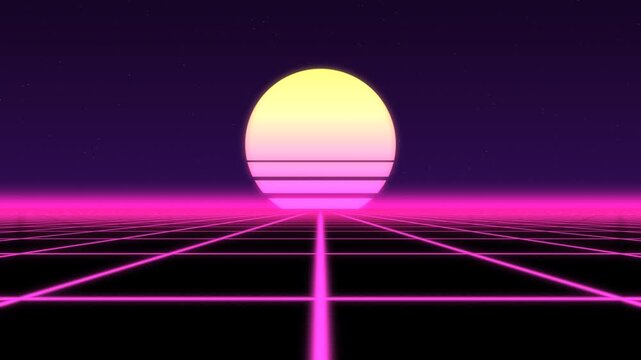 Retro synthwave neon grid floor with striped sunset sun, 4K loop