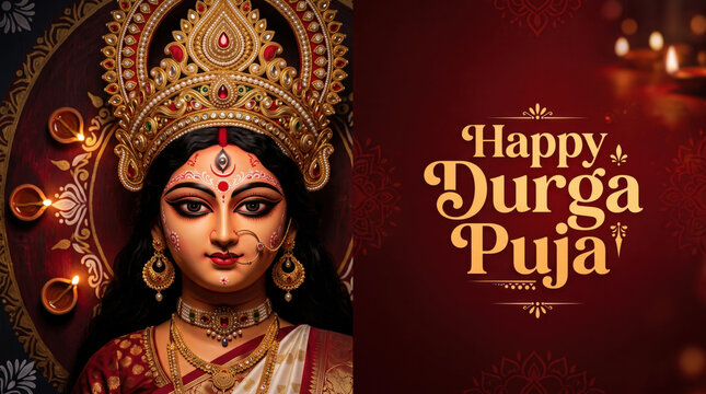 Happy Durga Puja text banner featuring traditional Bengali Maa Durga face art with red alpana, golden mukut, festive diya glow and elegant greeting composition