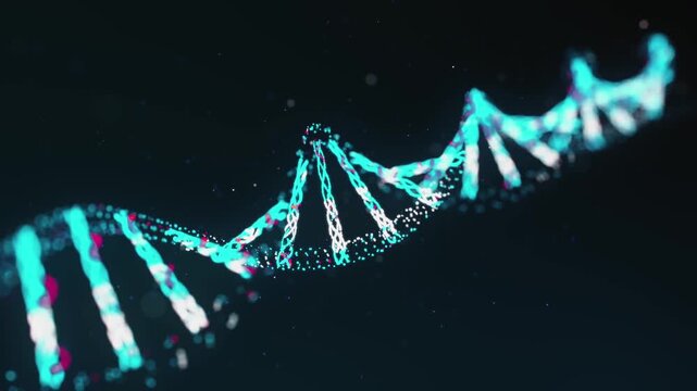 Rotating glowing blue digital dna strand model floating against a dark black background with particles with biochemical