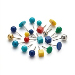 Obraz premium Colorful Push Pins and Thumbtacks Scattered on White Background Office Supplies Collection