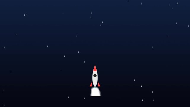 Cartoon rocket launching through a starry night sky
