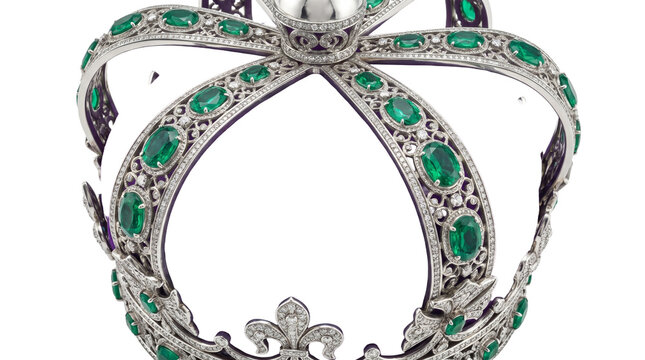 Silver crown with emeralds isolated on white background. Royal luxury crown with green gemstones and diamonds - 3d rendering.