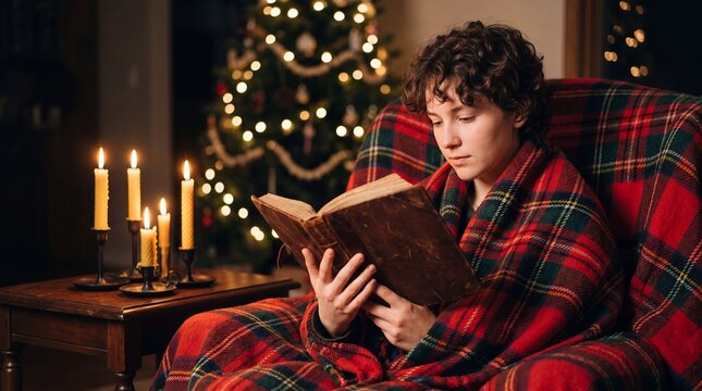 Winter reading warmth, A peaceful individual enjoys literature near festive candlelight