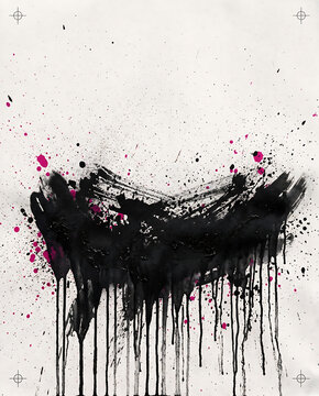Abstract ink wash painting with heavy black brushstrokes, dripping paint, and magenta splatter on a textured off-white paper background, with registration marks