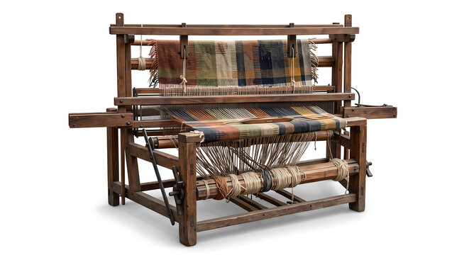Antique wooden floor loom with a half-woven plaid textile featuring brown, blue, and green checkered patterns, isolated on a white background