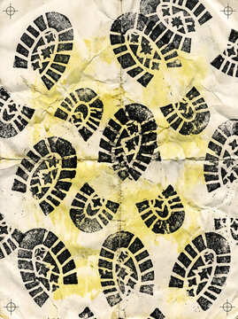 Black ink boot print stamps arranged in a repeating pattern on a crumpled, yellow-stained, off-white paper background, with crosshair registration marks