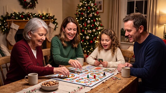 Family Christmas Game, A multi-generational family joyfully playing a holiday board game together