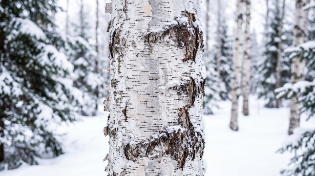 Winter Birch Bark, Detailed birch tree bark stands out against a snowy winter forest backdrop