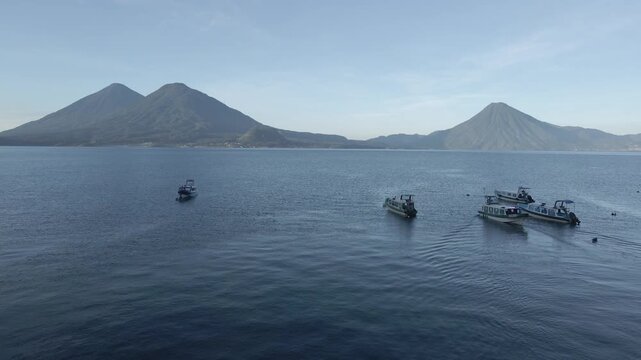 View of the lake atitlan guatemala sunrise time. drone shot, fron santiago la laguna.