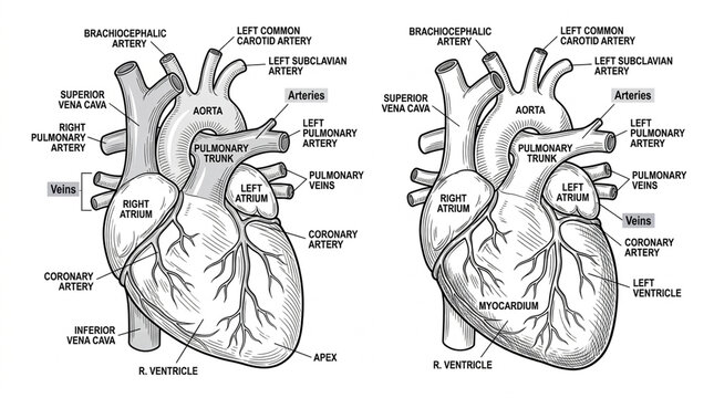 Detailed Human Heart Anatomy Diagram Arteries Veins Chambers and Valves