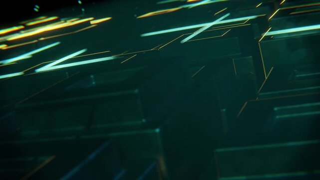 Abstract dark metallic blocks with glowing neon light lines moving across a complex digital geometric surface background