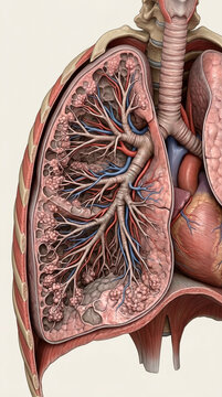Detailed human lung anatomy illustration showing bronchioles alveoli blood vessels and rib cage Medical science artwork