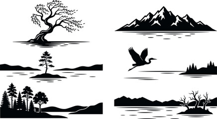 Fototapeta premium Nature landscape silhouettes set featuring mountain lake pine forest flying heron bird and bonsai tree vector illustration design