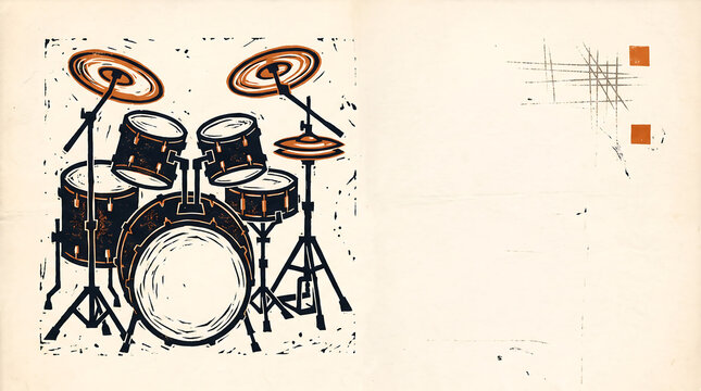 Linocut style of a drum kit with a bass drum, toms, and cymbals, featuring a textured off-white background, with abstract cross-hatched, lines and orange, square accents