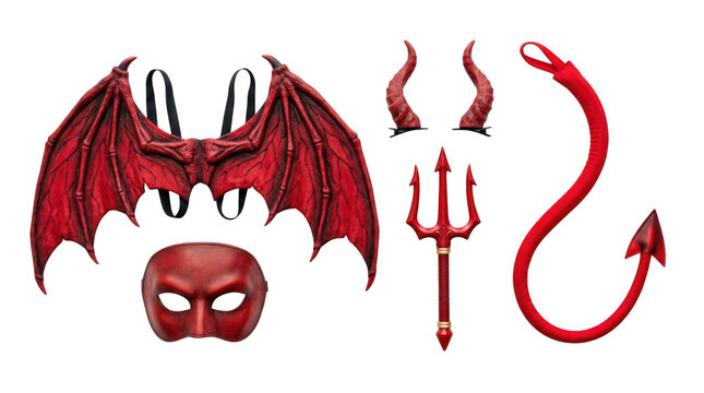 Devil costume set including red wings, horns, mask, trident, and tail isolated on transparent background