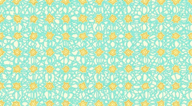 An elegant vector pattern featuring traditional Islamic geometric motifs in turquoise and gold on a cream background, with interlacing stars and polygons, seamlessly repeating design suitable for luxu