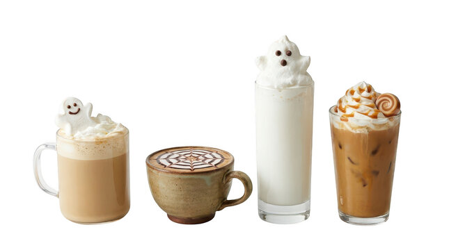 Collection of festive halloween themed coffee drinks and hot beverages isolated on transparent background