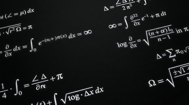 Complex mathematical formulas and calculus equations written in white chalk on a dark black chalkboard background