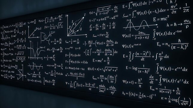 Complex mathematical formulas and physics equations written in white chalk on a dark black classroom blackboard
