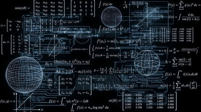 Abstract digital background featuring complex mathematical formulas and technical engineering diagrams glowing on a dark blue surface