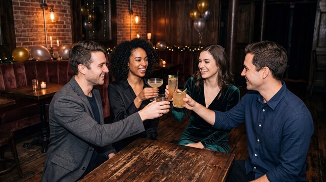 New Year celebration, Friends raising crafted beverages together in a dimly lit clandestine lounge