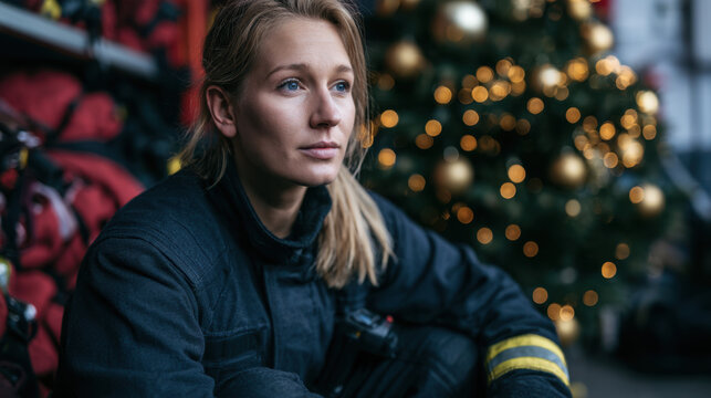 Female firefighter resting beside emergency gear and a decorated Christmas tree at the fire station