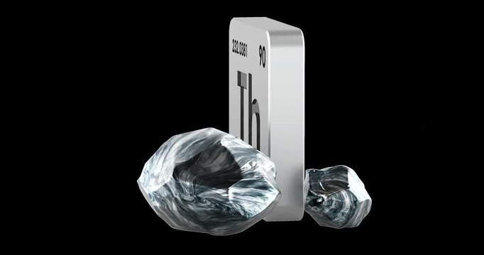Thorium chemical element with metal Th samples rotation animation seamlessly loopable. 3D rendering isolated on transparent background