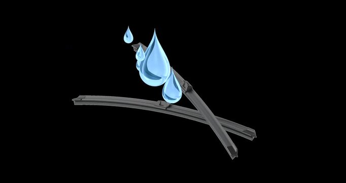 Windshield wiper blades with water drops rotation animation seamlessly loopable. 3D rendering isolated on transparent background