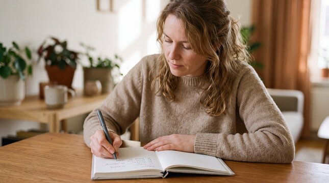 New Year wellness planning, An individual outlines daily wellness goals in a clean journal