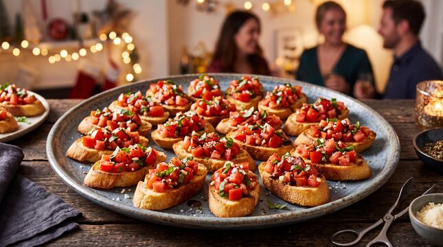 New Year bruschetta platter, Crisp bruschetta topped with fresh tomatoes and basil served at a party
