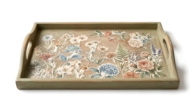 Rectangular wooden serving tray with cutout handles, decorated with a decoupage floral pattern featuring roses, hydrangeas, and ferns on a muted sage green background