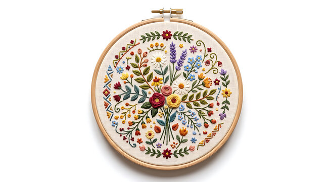 Round wooden embroidery hoop containing a hand-stitched floral bouquet with colorful flowers, leaves, lavender sprigs, and geometric border patterns on white fabric