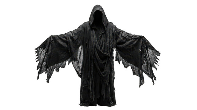 Mysterious hooded figure in tattered black robes with arms outstretched, isolated on transparent background
