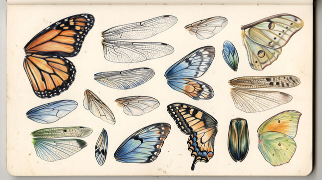 Sketchbook page featuring detailed watercolor and ink of various insect wings, including monarch butterfly, dragonfly, and moth wings on aged paper