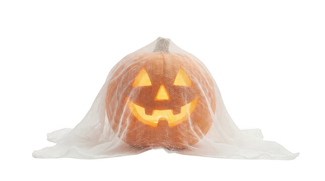 Glowing jackolantern pumpkin covered with a white fabric sheet like a ghost isolated on transparent background