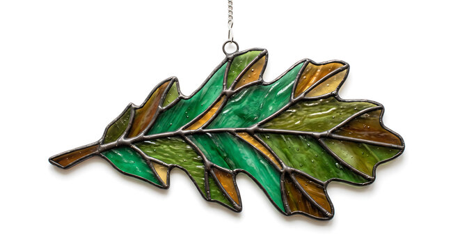Stained glass suncatcher in the shape of an oak leaf, featuring textured green and amber glass segments joined by dark metal solder lines against a white background