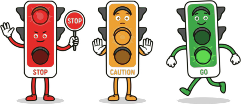 Traffic light characters signaling stop go and caution illustration isolated on white background
