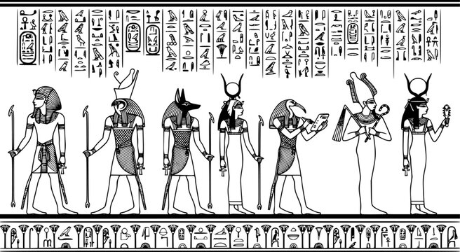 Ancient Egyptian deities and figures in procession with hieroglyphs isolated on white background
