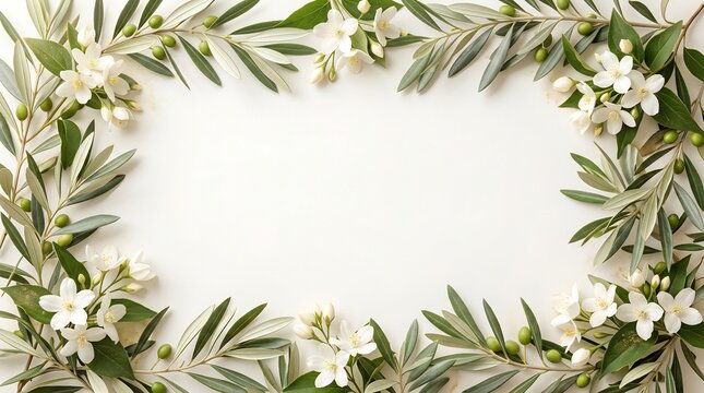 Olive branch and delicate white flower frame on white background, serene mindfulness border for mental health affirmations, peaceful wellness text space, calm nature flat lay.
