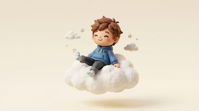 Happy boy relaxing on a fluffy cloud, 3D clay style illustration symbolizing mental health, inner peace, mindfulness, daydreaming, and positive emotional wellbeing.